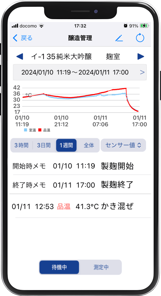 スマートフォンに表示される製麹管理機能の画面